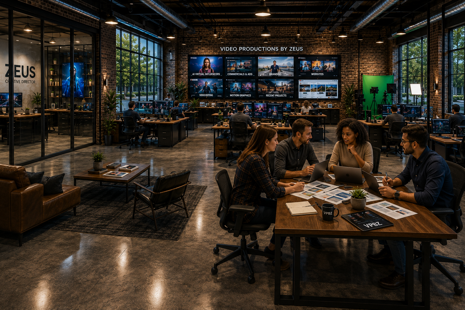 VPBZ team planning AI-powered marketing inside the Video Productions by Zeus office