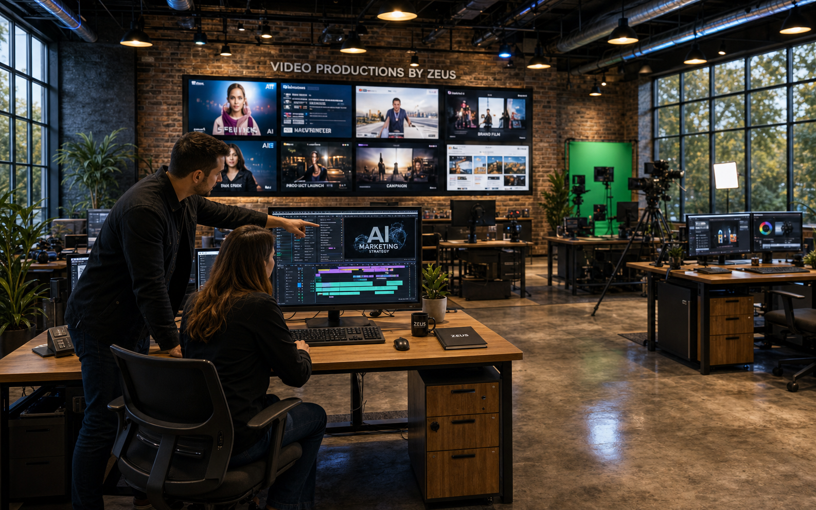 Two VPBZ team members collaborating on video and AI marketing production